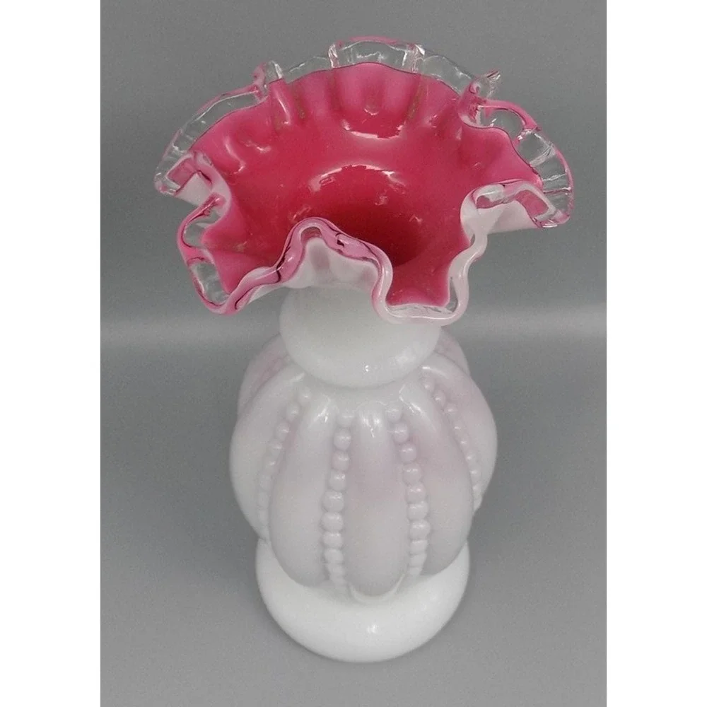 Rare Fenton Vase Peach Crest Double Crimped Beaded Melon 50's Cased 8 3/4